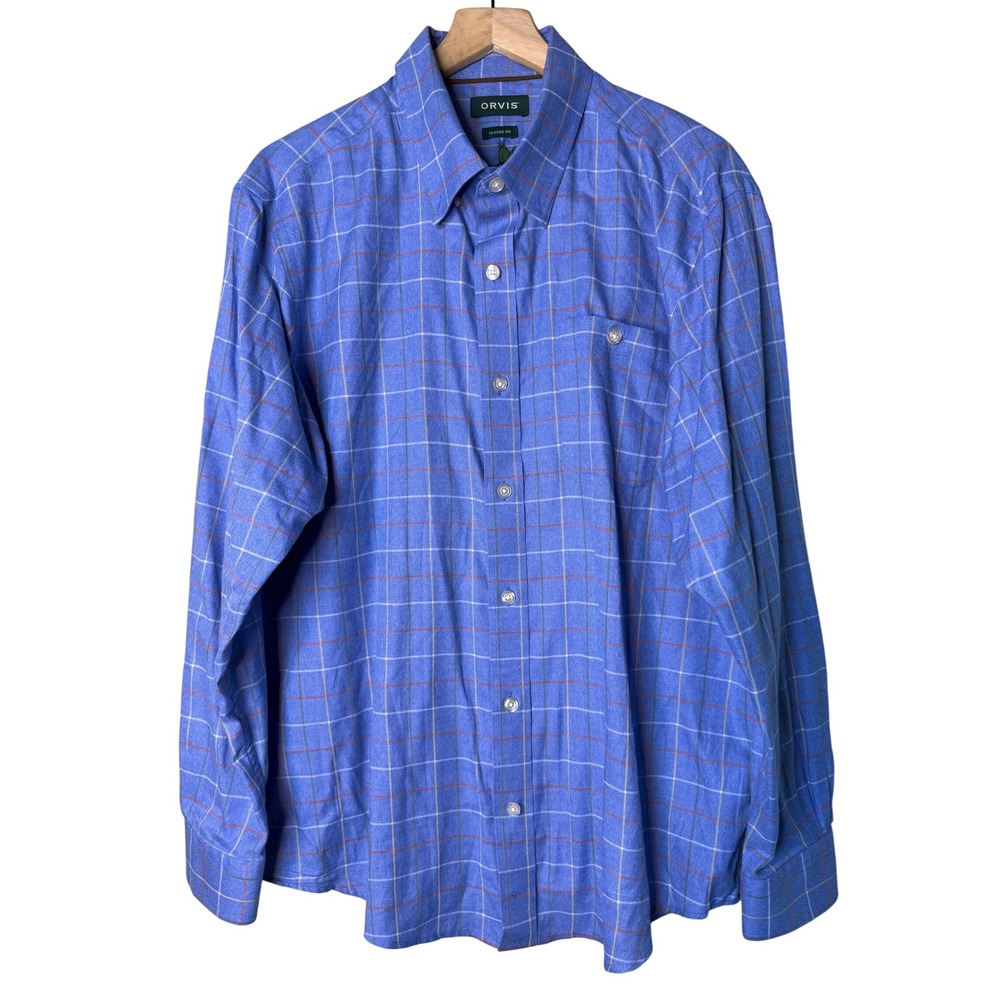 Orvis Country Twill Blue Plaid Cotton Button Down Shirt Mens Large Classic Fit